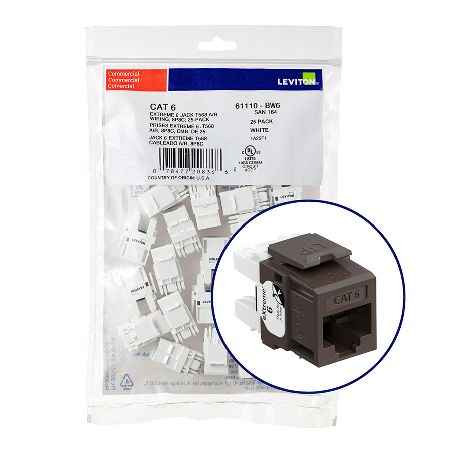 "Leviton 61110-BB6 eXtreme 6+ Connector Quickpack (Brown), CAT 6, 25-pack"