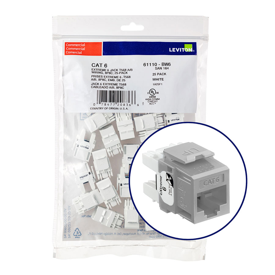 "Leviton 61110-BG6 eXtreme 6+ Connector Quickpack (Gray), CAT 6, 25-pack"