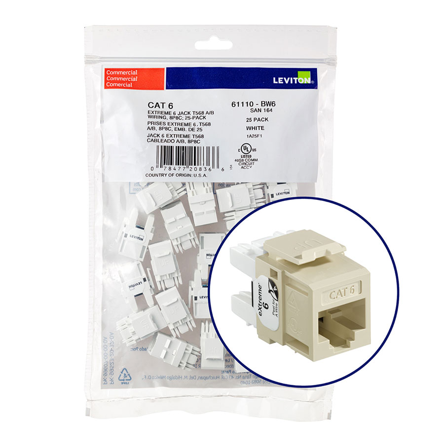 "Leviton 61110-BI6 eXtreme 6+ Connector Quickpack (Ivory), CAT 6, 25-pack"