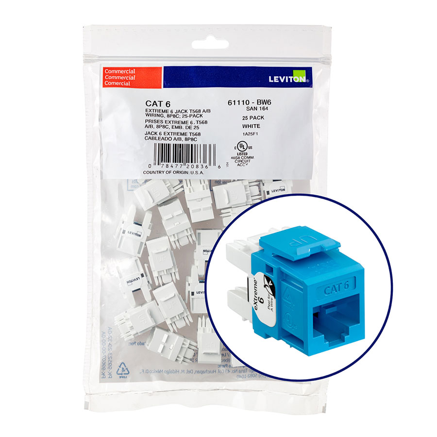 "Leviton 61110-BL6 eXtreme 6+ Connector Quickpack (Blue), CAT 6, 25-pack"