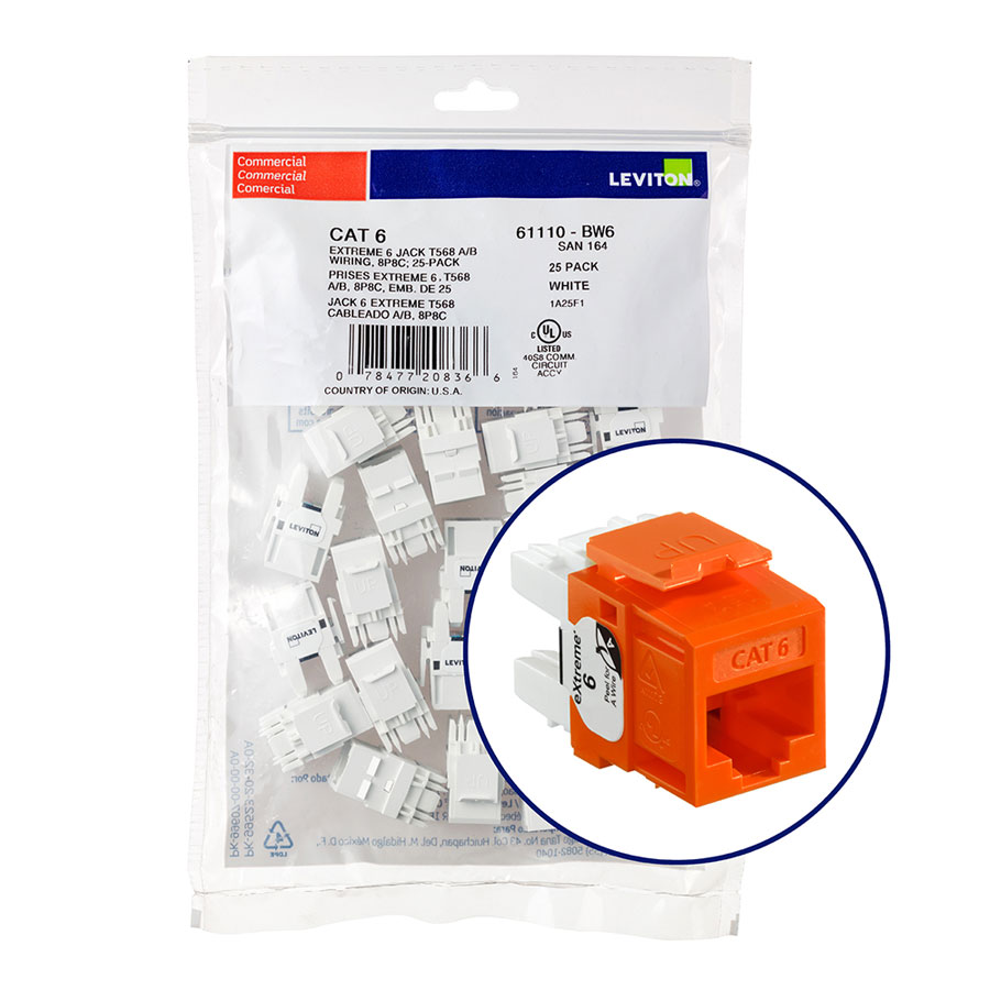 "Leviton 61110-BO6 eXtreme 6+ Connector Quickpack (Orange), CAT 6, 25-pack"