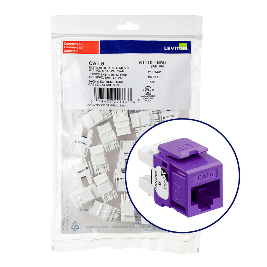 "Leviton 61110-BP6 eXtreme 6+ Connector Quickpack (Purple), CAT 6, 25-pack"